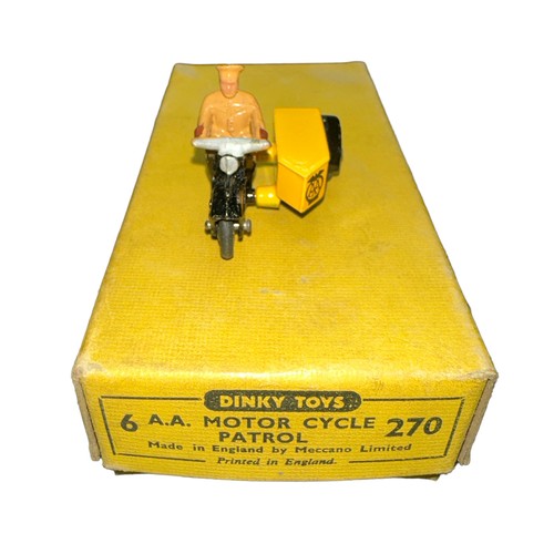 242 - Dinky. A.A. Motor Cycle Patrol No. 270, one motorcycle and sidecar with patrolman rider, generally e... 