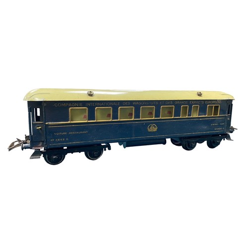 48 - Hornby. O gauge pair of twin bogie coaches, with Wagon Lits Grand European Express Dining Car (some ... 