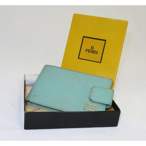 90 - Fendi – a boxed vintage Fendi green/turquoise leather button clasp wallet, in Fendi box with Fendi w... 