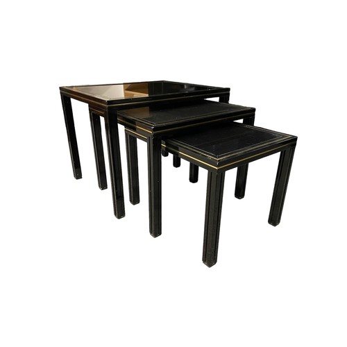 283 - Pierre Vandel Paris 1979 nest of tables, black metal and glass with gold highlights and brass namepl... 