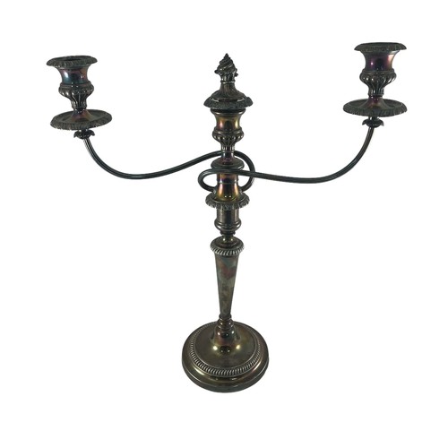 380 - 18th/ early 19th century Sheffield plate three light candelabra by Matthew Boulton, stamped with a d... 