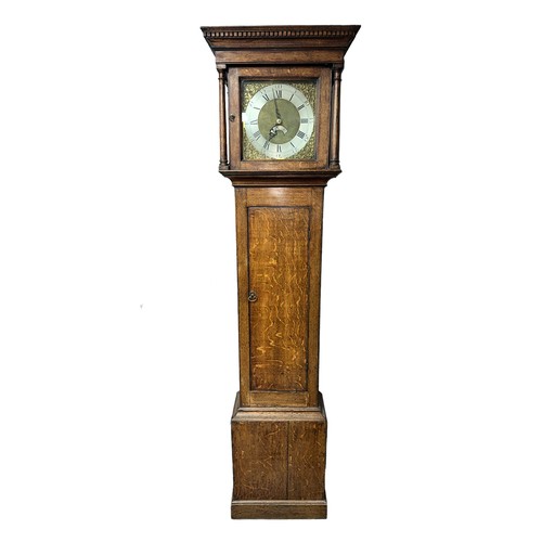 132 - A George III, oak long case clock by John Agar of York.  Flat hood, silvered chapter ring with Roman... 