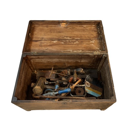 312 - Range of old tools in wooden chest with ranges of hand drills, mallets, plane etc, all in wooden che... 