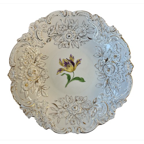 420 - Large Meissen porcelain bowl with hand painted iris flower decoration in the centre and gilded raise... 