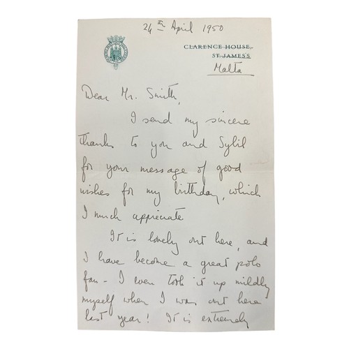 813 - Handwritten letter written by Princess Elizabeth (later HM Queen Elizabeth II) and sent from Malta t... 