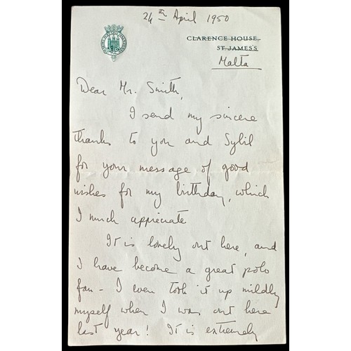 813 - Handwritten letter written by Princess Elizabeth (later HM Queen Elizabeth II) and sent from Malta t... 