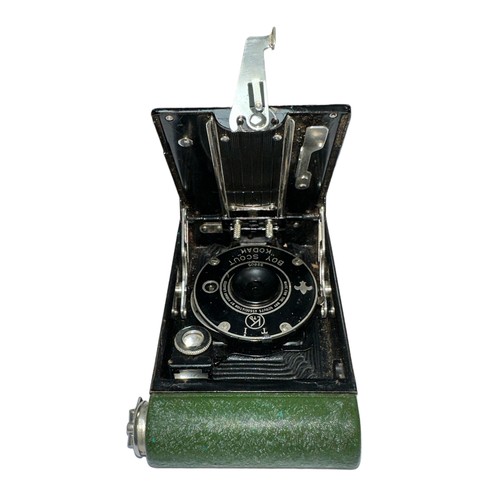 198 - A Boy Scouts folding Kodak camera with green paintwork and Scout logo, in matching green case emboss... 