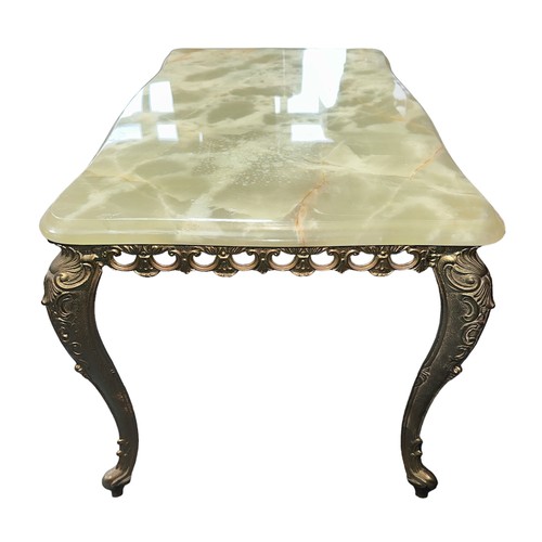 55 - A Rococo style green Onyx topped coffee table on  cabriole legs. Onyx a separate piece placed on top... 