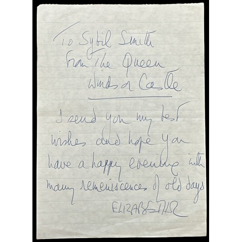 812 - A handwritten note sent by HM Queen Elizabeth II to Sybil Smith. The note is one-sided and is writte... 