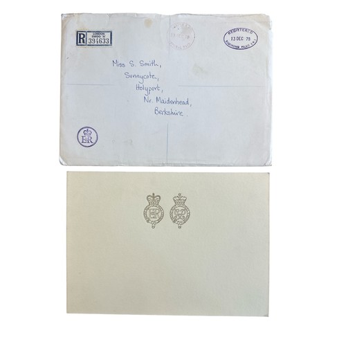 838 - A 1978 Christmas card sent by HM The Queen. Twin gilt Royal cyphers to cover. Interior with photogra... 