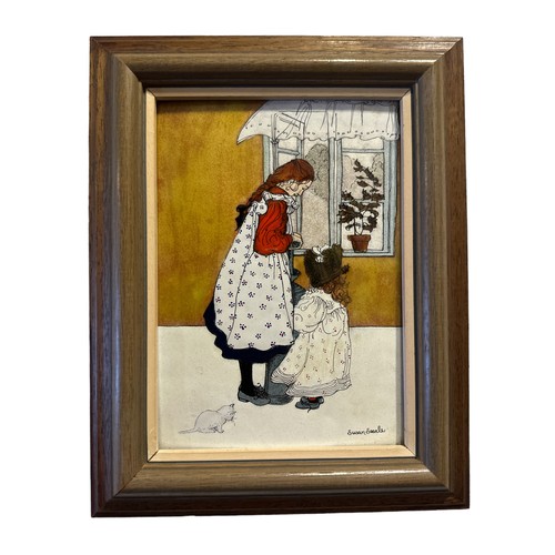 368 - Susan Searle – An aesthetic pictorial enamel framed plaque by Susan Searle depicting a mother and ch... 