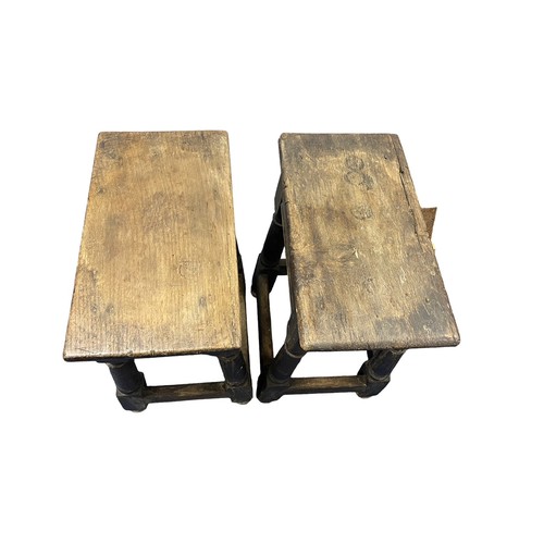 143 - Pair of 17th Century oak joint stools / coffin stools, plank tops on turned legs joined by stretcher... 