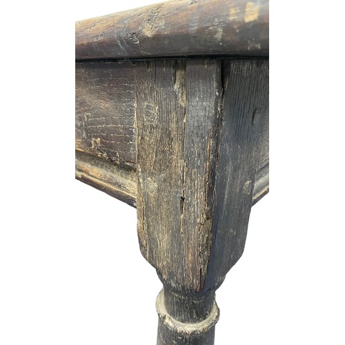 143 - Pair of 17th Century oak joint stools / coffin stools, plank tops on turned legs joined by stretcher... 