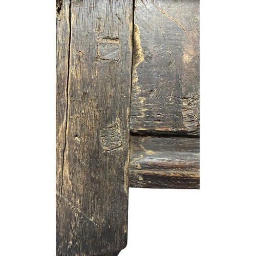 143 - Pair of 17th Century oak joint stools / coffin stools, plank tops on turned legs joined by stretcher... 