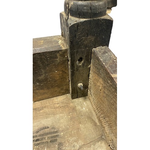 143 - Pair of 17th Century oak joint stools / coffin stools, plank tops on turned legs joined by stretcher... 