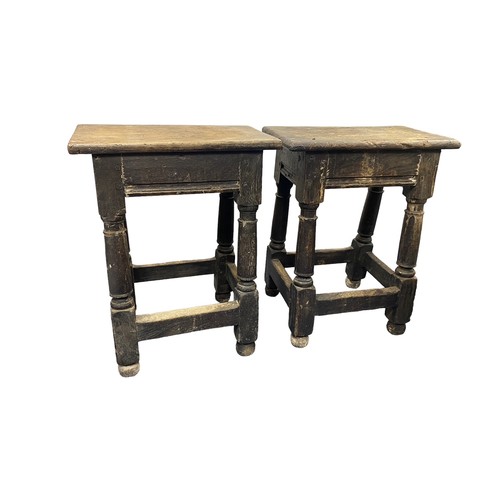 143 - Pair of 17th Century oak joint stools / coffin stools, plank tops on turned legs joined by stretcher... 