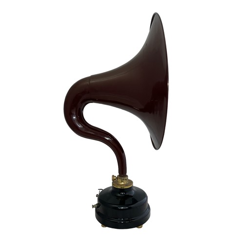 260 - A large aluminium horn (gramophone style) shaped amplifying speaker brown/purple, circular base on f... 