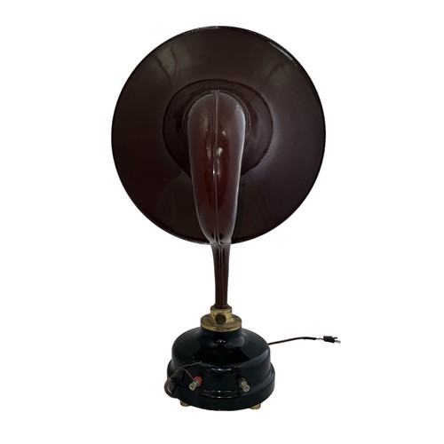 260 - A large aluminium horn (gramophone style) shaped amplifying speaker brown/purple, circular base on f... 