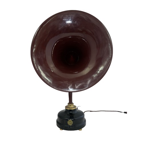 260 - A large aluminium horn (gramophone style) shaped amplifying speaker brown/purple, circular base on f... 