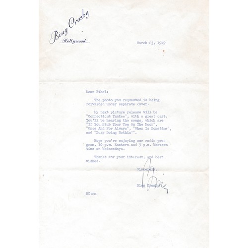 545 - Bing Crosby - an original 1949 dated typed letter addressed to a British fan and signed in ink by Mr... 