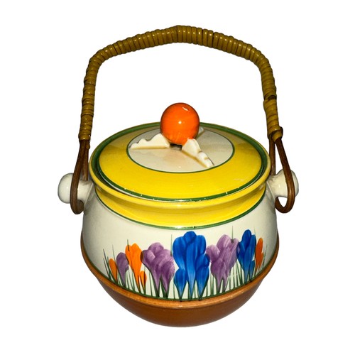 160 - Clarice Cliff Bizarre Crocus' biscuit barrel and cover, shape no.335, painted in colours between bro... 