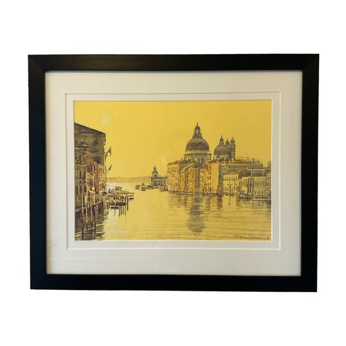 172 - Stan Kaminski (b.1952) – Venice scene, yellow toned watercolour depiction of a water scene in Venice... 