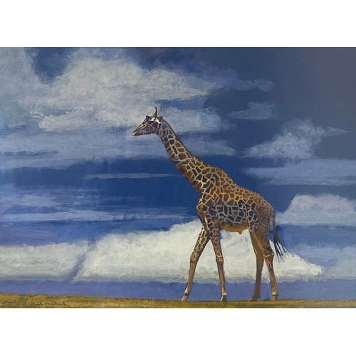 318 - Stan Kaminski (b.1952) – Giraffe, wildlife gouache depiction of a giraffe walking in front of a blue... 