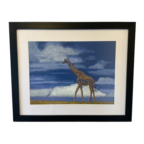 318 - Stan Kaminski (b.1952) – Giraffe, wildlife gouache depiction of a giraffe walking in front of a blue... 