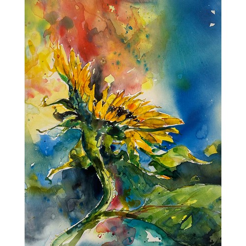 483 - Gillian French (British, 21st Century) – A large watercolour sunflower painting, bright splashes of ... 