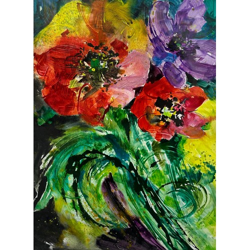 484 - Gillian French (British, 21st Century) – A large washed acrylic contemporary floral painting, bright... 