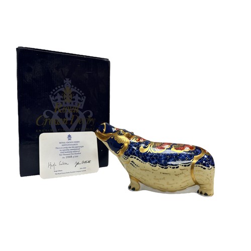 58 - Royal Crown Derby Hippopotamus Paperweight, Gold backstamp edition with gold stopper. 21 cm in lengt... 