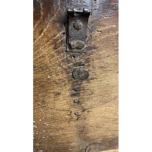 163 - 17th Century oak 6 plank coffer with carved decoration to front, untouched original condition, attra... 