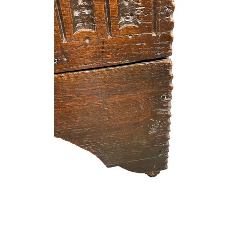 163 - 17th Century oak 6 plank coffer with carved decoration to front, untouched original condition, attra... 