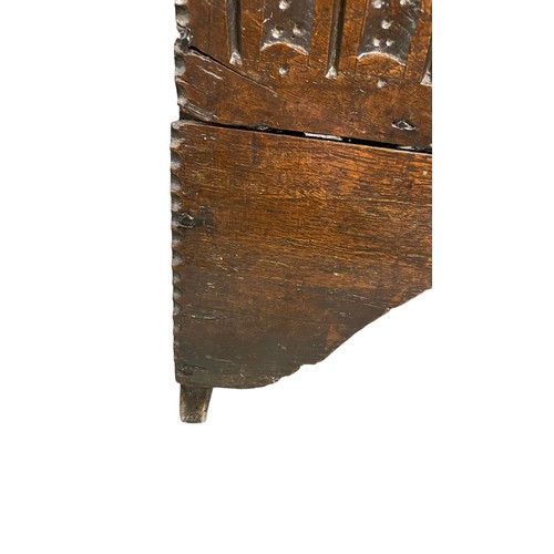 163 - 17th Century oak 6 plank coffer with carved decoration to front, untouched original condition, attra... 