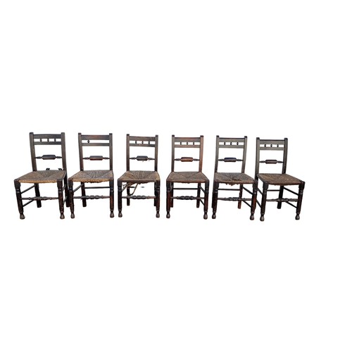 488 - Set of 6 mid 19th Century rush seated country chairs with matching rocking chair en-suite