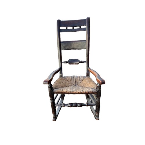 488 - Set of 6 mid 19th Century rush seated country chairs with matching rocking chair en-suite