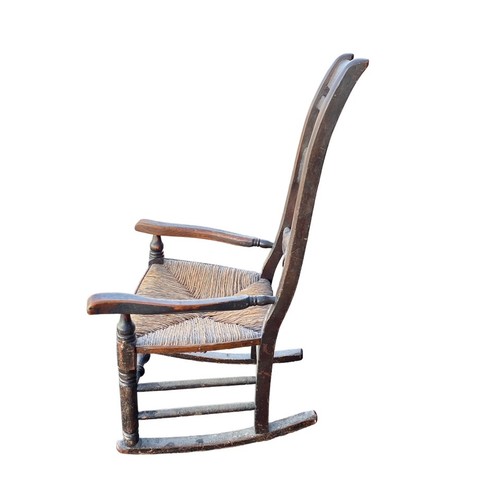 488 - Set of 6 mid 19th Century rush seated country chairs with matching rocking chair en-suite