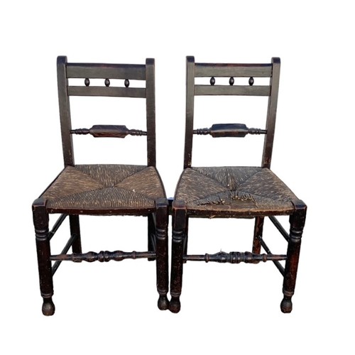 488 - Set of 6 mid 19th Century rush seated country chairs with matching rocking chair en-suite