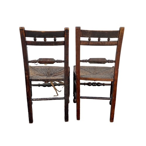 488 - Set of 6 mid 19th Century rush seated country chairs with matching rocking chair en-suite