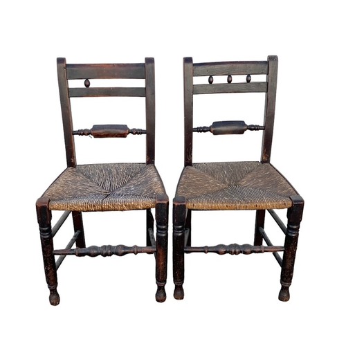 488 - Set of 6 mid 19th Century rush seated country chairs with matching rocking chair en-suite