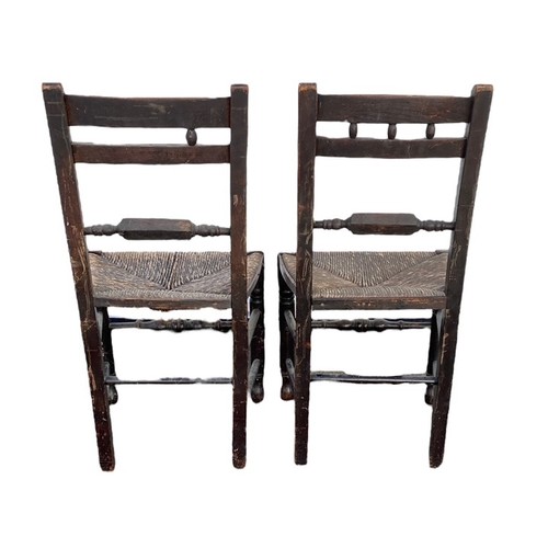 488 - Set of 6 mid 19th Century rush seated country chairs with matching rocking chair en-suite