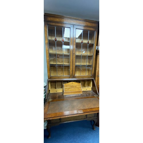 454 - Early 20th Century leaded bureau bookcase, height 206cm, width 90cm, depth 46cm.