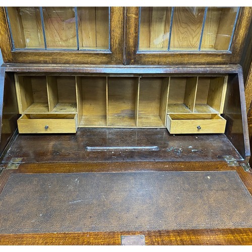 454 - Early 20th Century leaded bureau bookcase, height 206cm, width 90cm, depth 46cm.