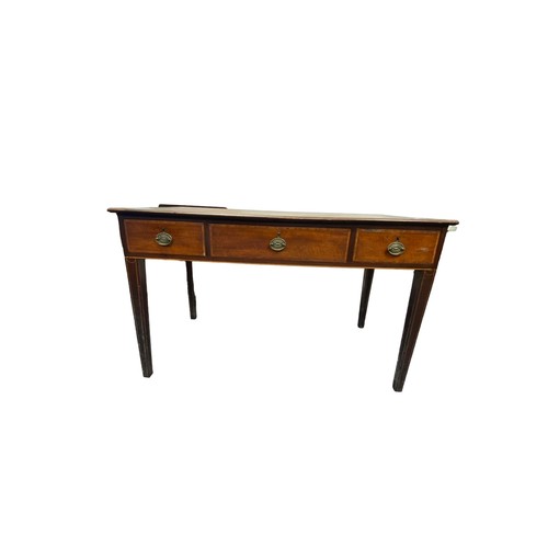 496 - 19th Century mahogany satinwood crossbanded 3-drawer table, oval brass handles, line inlaid square t... 