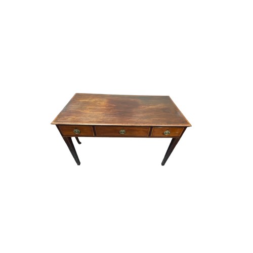 496 - 19th Century mahogany satinwood crossbanded 3-drawer table, oval brass handles, line inlaid square t... 