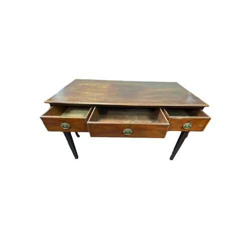 496 - 19th Century mahogany satinwood crossbanded 3-drawer table, oval brass handles, line inlaid square t... 