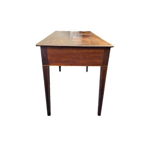 496 - 19th Century mahogany satinwood crossbanded 3-drawer table, oval brass handles, line inlaid square t... 