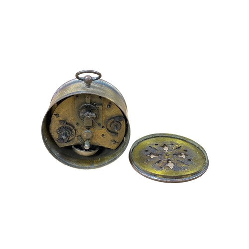 128 - Brass barrel alarm clock, 9.5cm diameter, in working order.