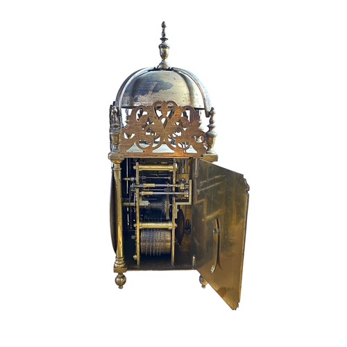 133 - 17th Century brass quarter strike twin fusee lantern clock, the dial signed Thomas Dyde, London. Bel... 