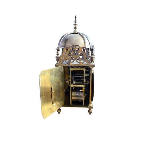 133 - 17th Century brass quarter strike twin fusee lantern clock, the dial signed Thomas Dyde, London. Bel... 